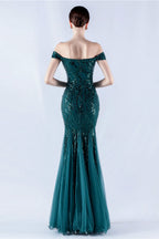 Lennon Dark Green Sequin Tulle Maxi Evening Dress