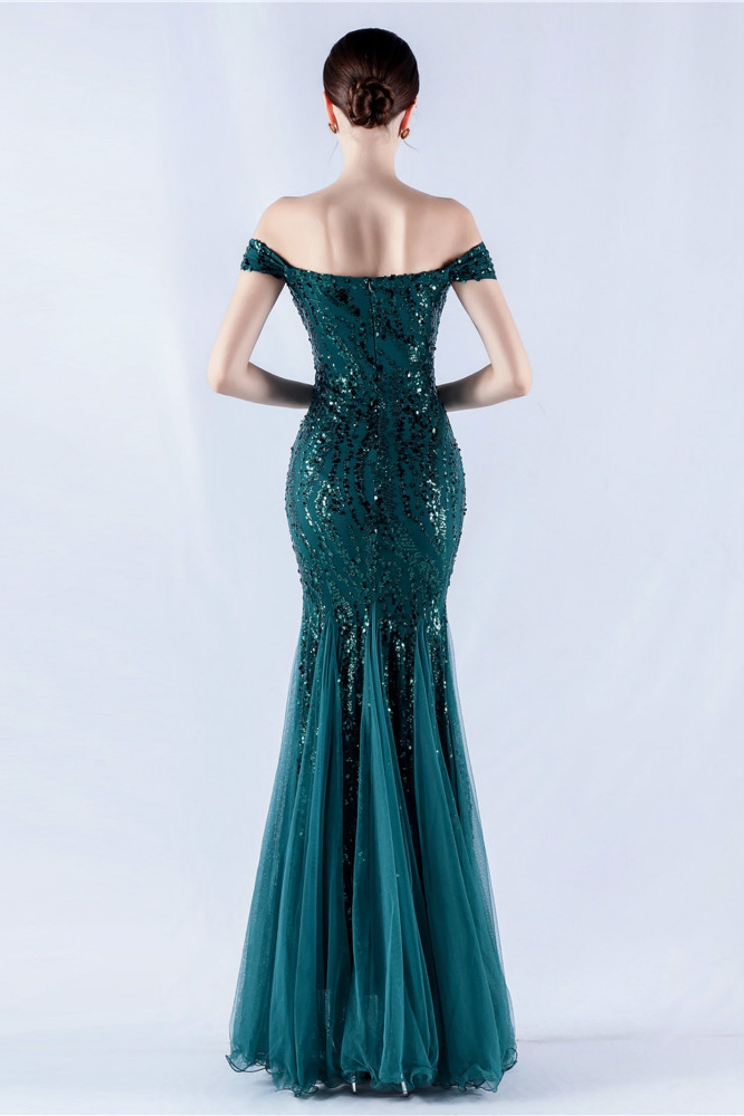 Lennon Dark Green Sequin Tulle Maxi Evening Dress