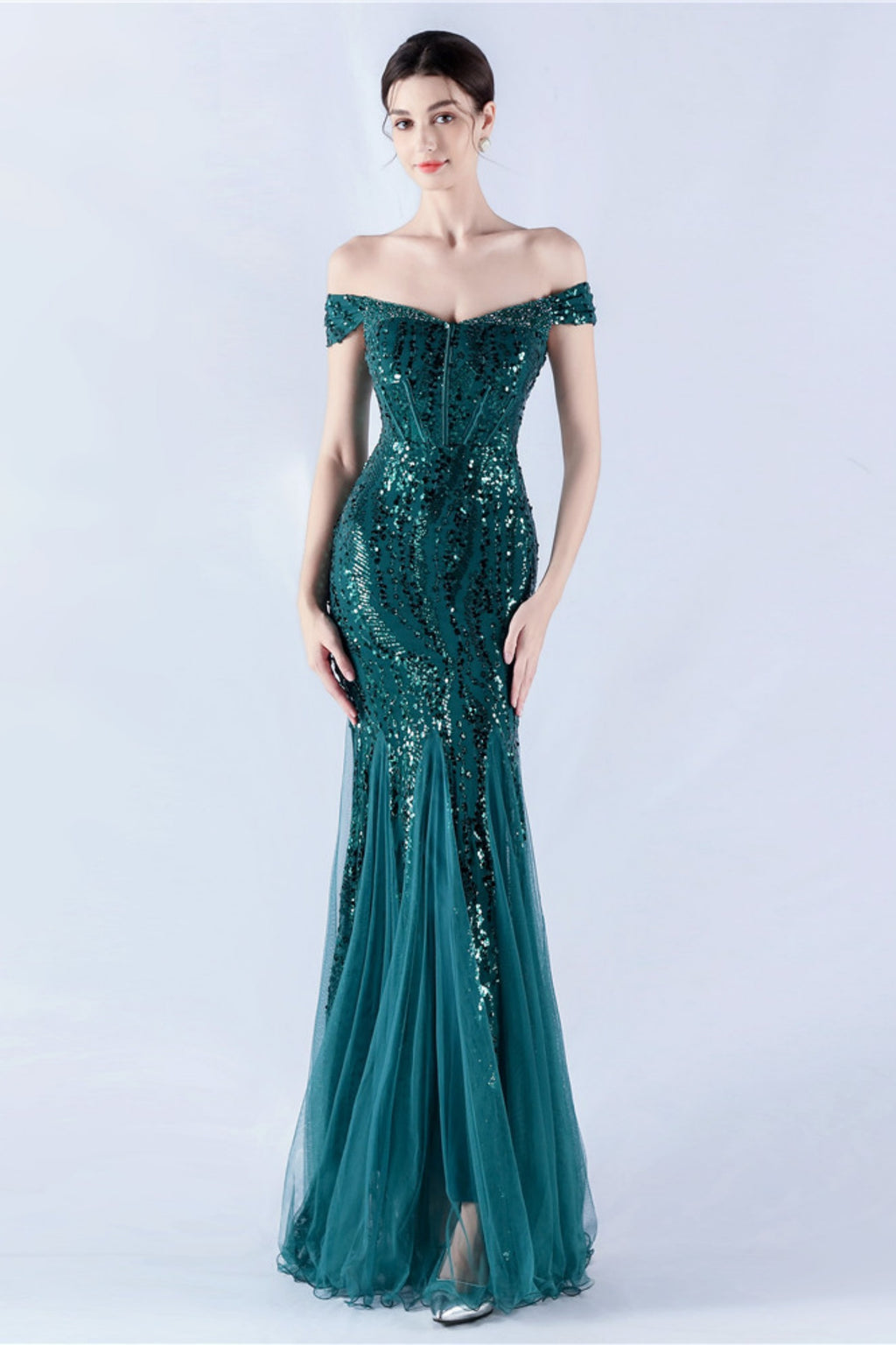 Lennon Dark Green Sequin Tulle Maxi Evening Dress
