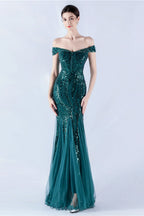 Lennon Dark Green Sequin Tulle Maxi Evening Dress