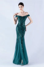 Lennon Dark Green Sequin Tulle Maxi Evening Dress