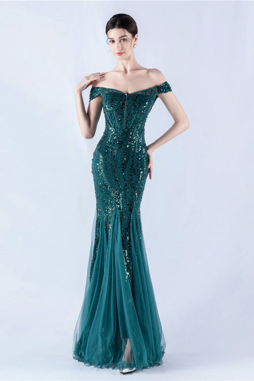 Lennon Dark Green Sequin Tulle Maxi Evening Dress