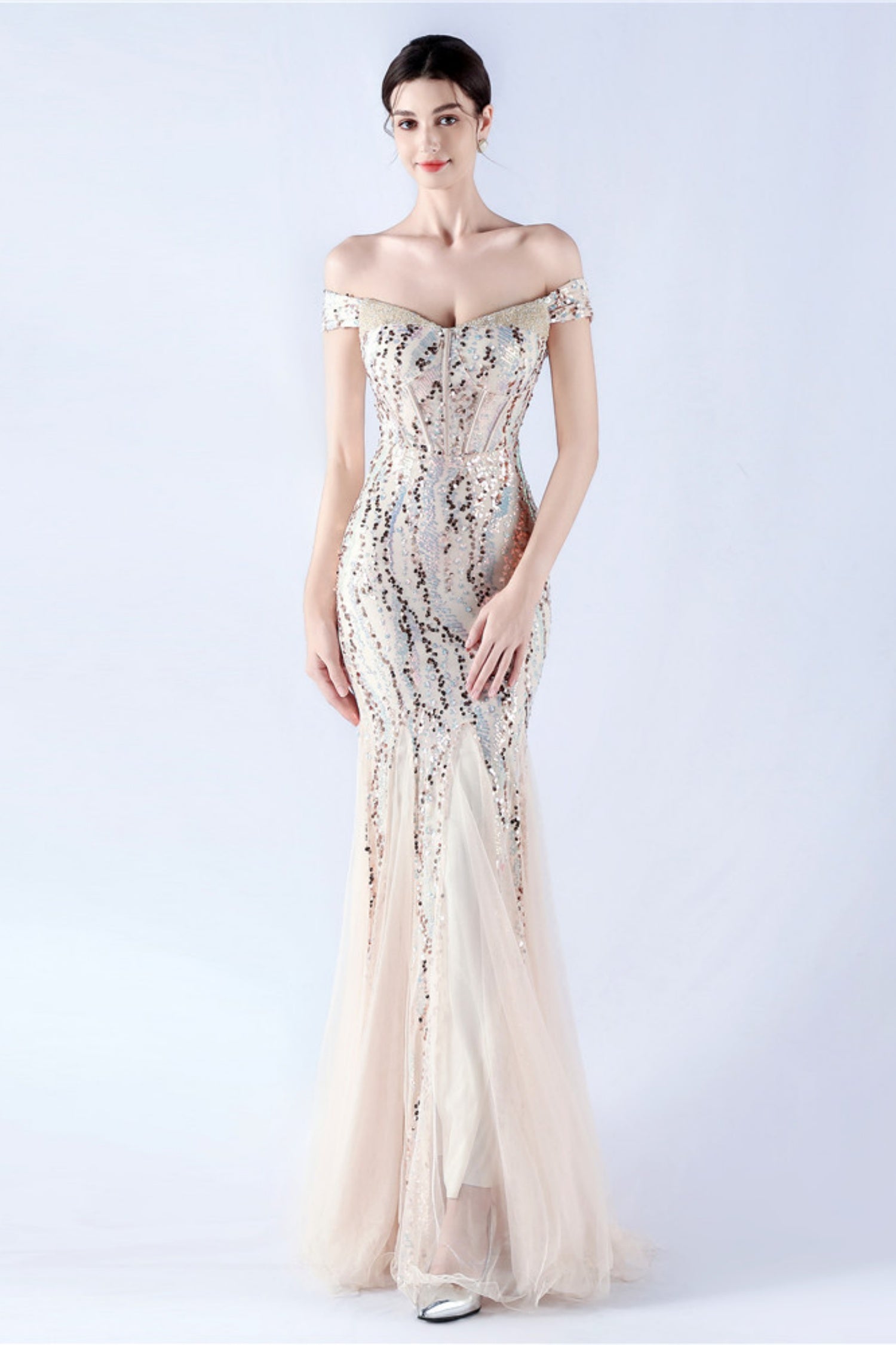 Lennon Gold Sequin Tulle Maxi Evening Dress