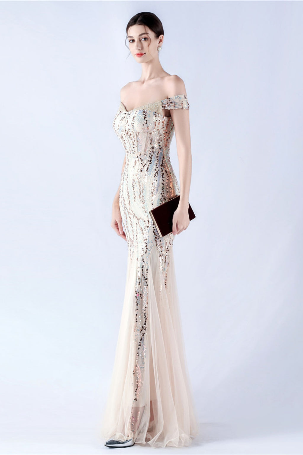 Lennon Gold Sequin Tulle Maxi Evening Dress