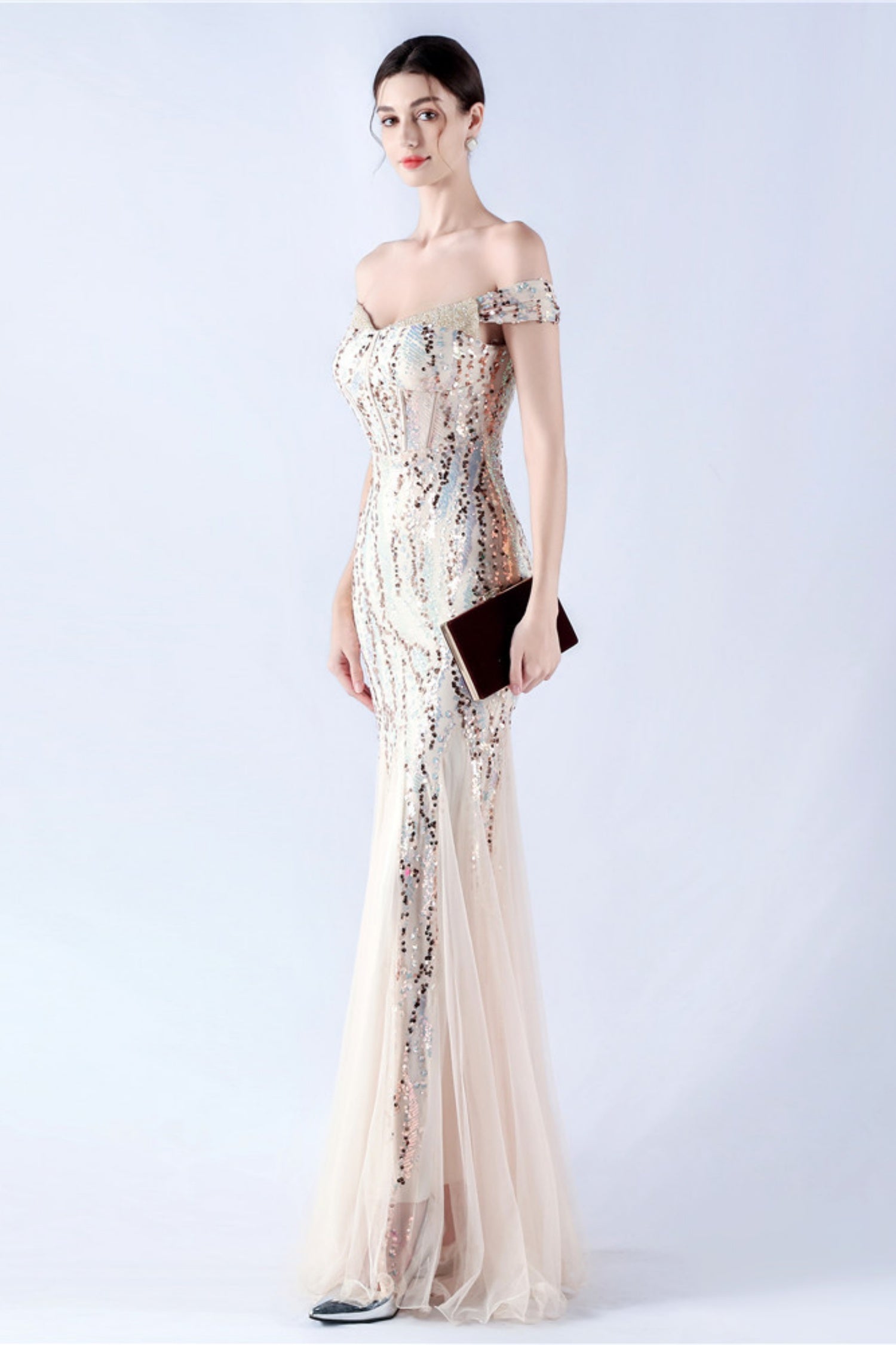 Lennon Gold Sequin Tulle Maxi Evening Dress