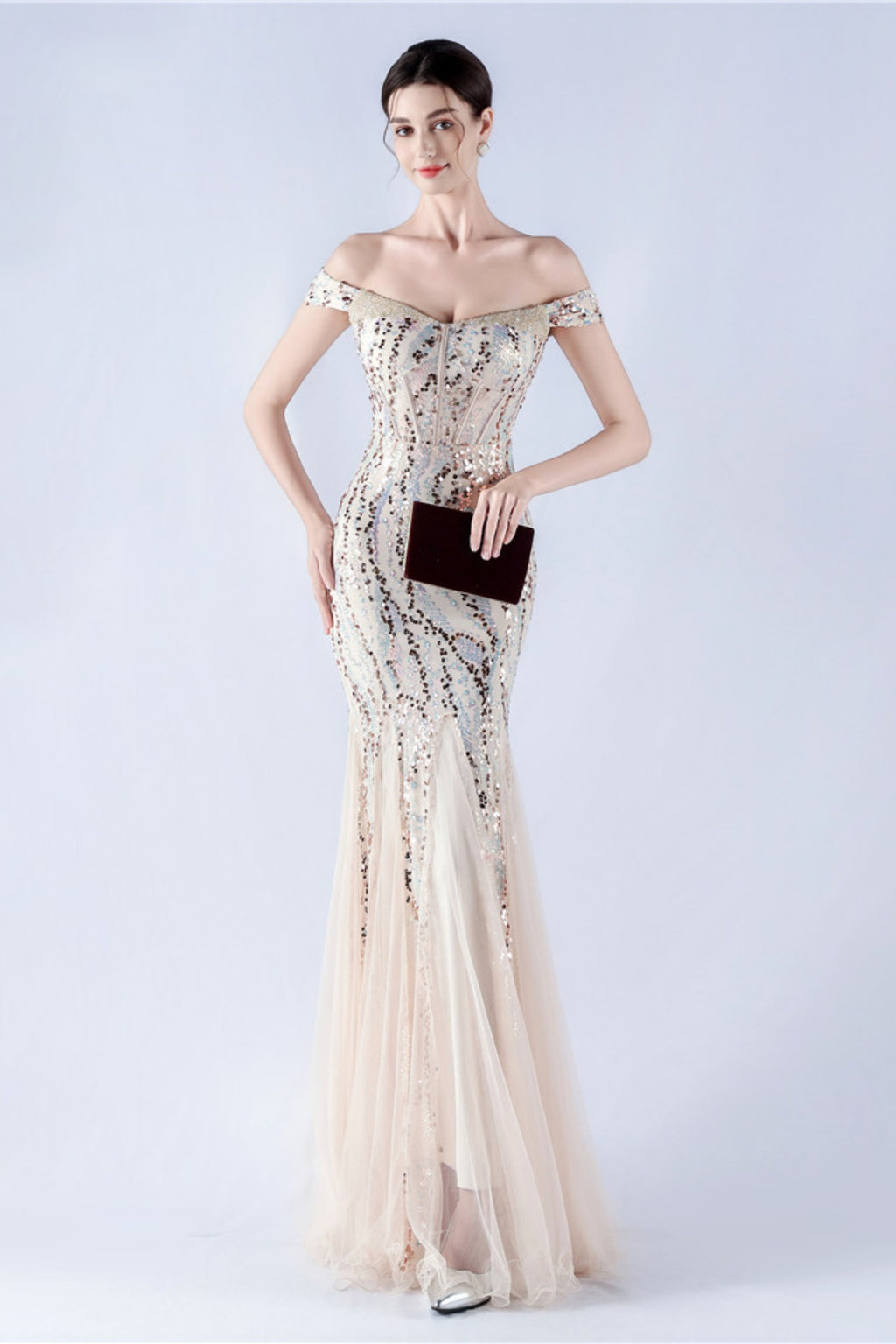Lennon Gold Sequin Tulle Maxi Evening Dress