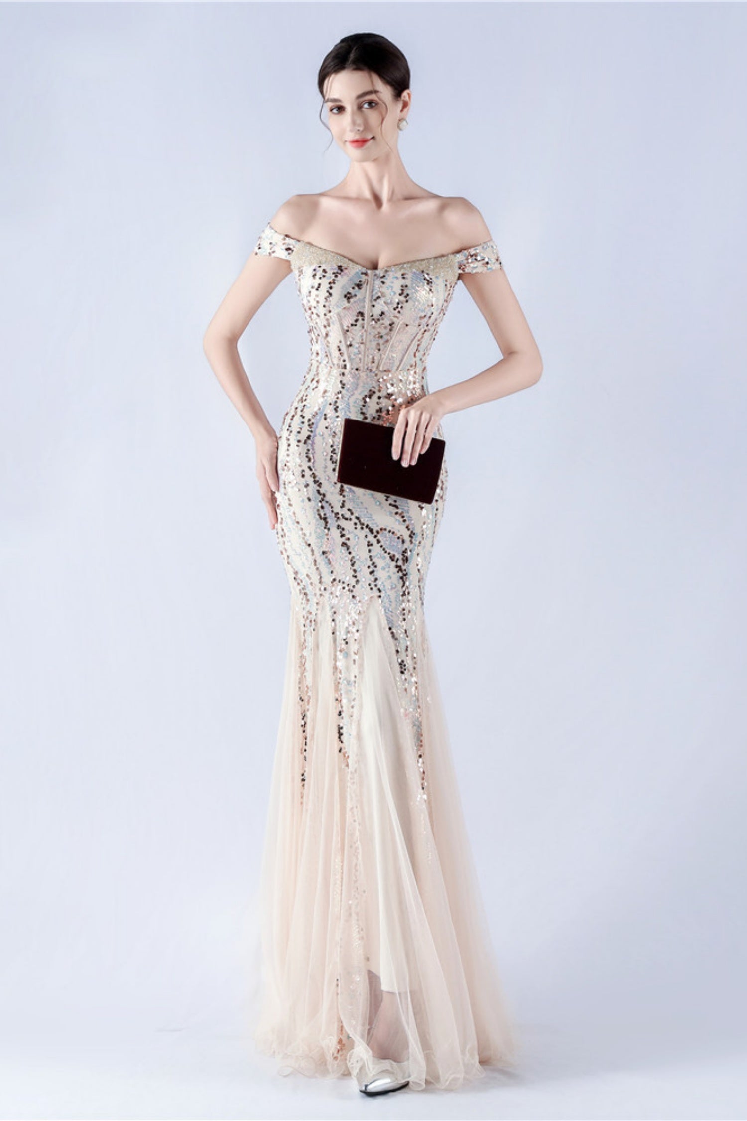 Lennon Gold Sequin Tulle Maxi Evening Dress