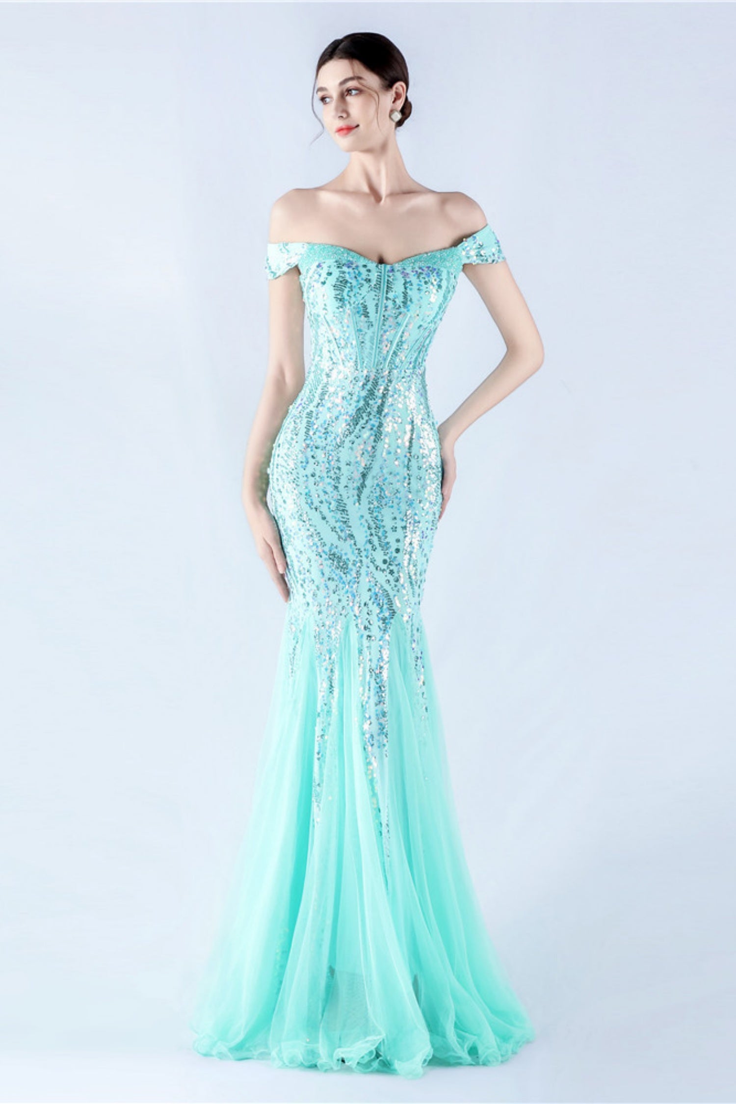 Lennon Mint Green Sequin Tulle Maxi Evening Dress