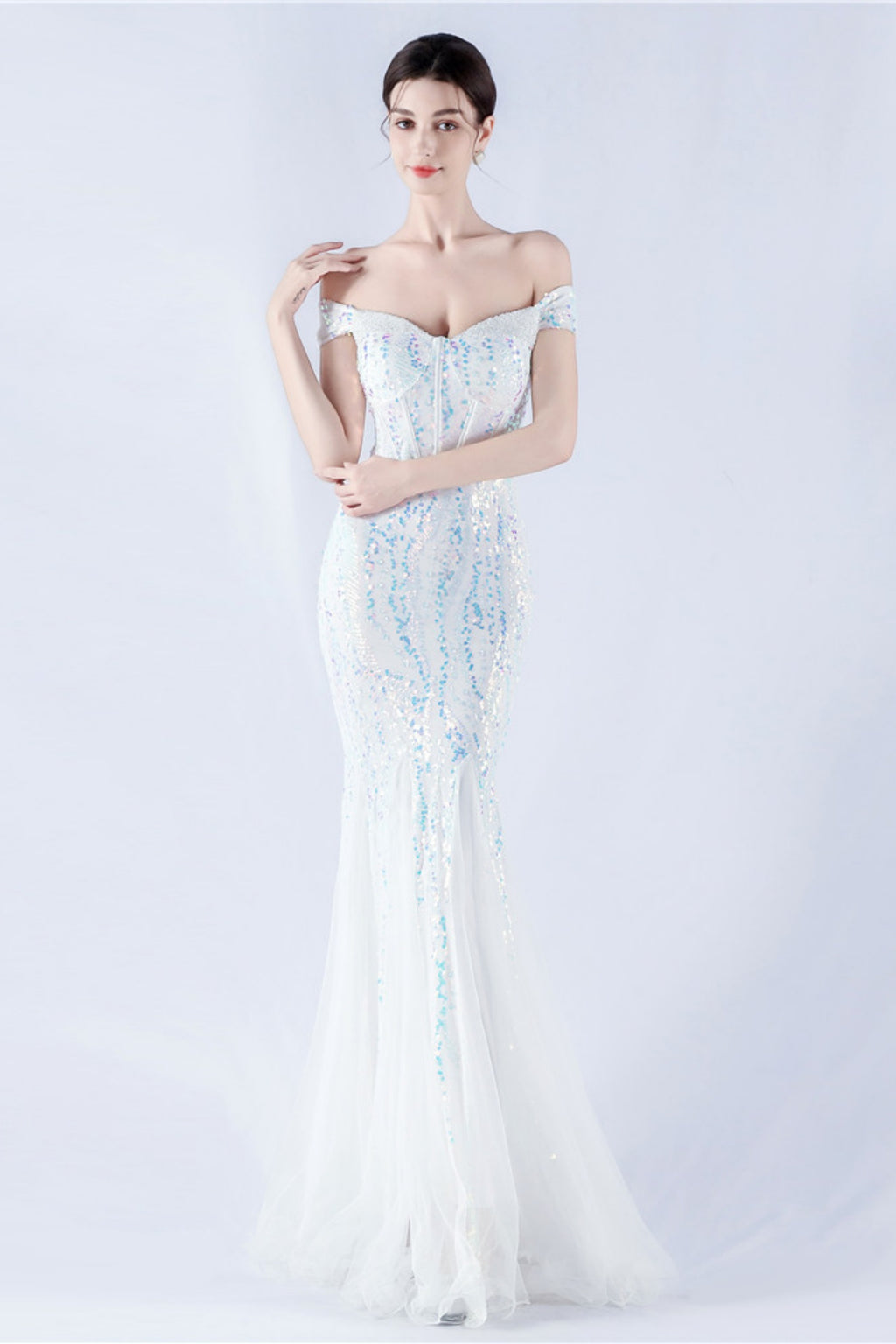 Lennon White Sequin Tulle Maxi Evening Dress