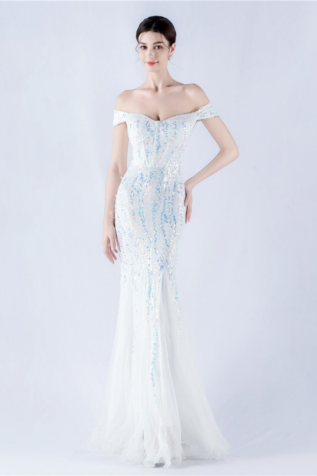 Lennon White Sequin Tulle Maxi Evening Dress
