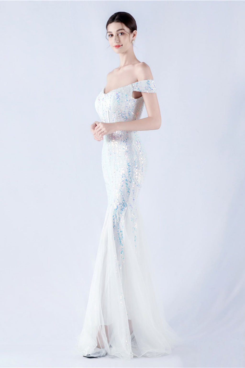 Lennon White Sequin Tulle Maxi Evening Dress