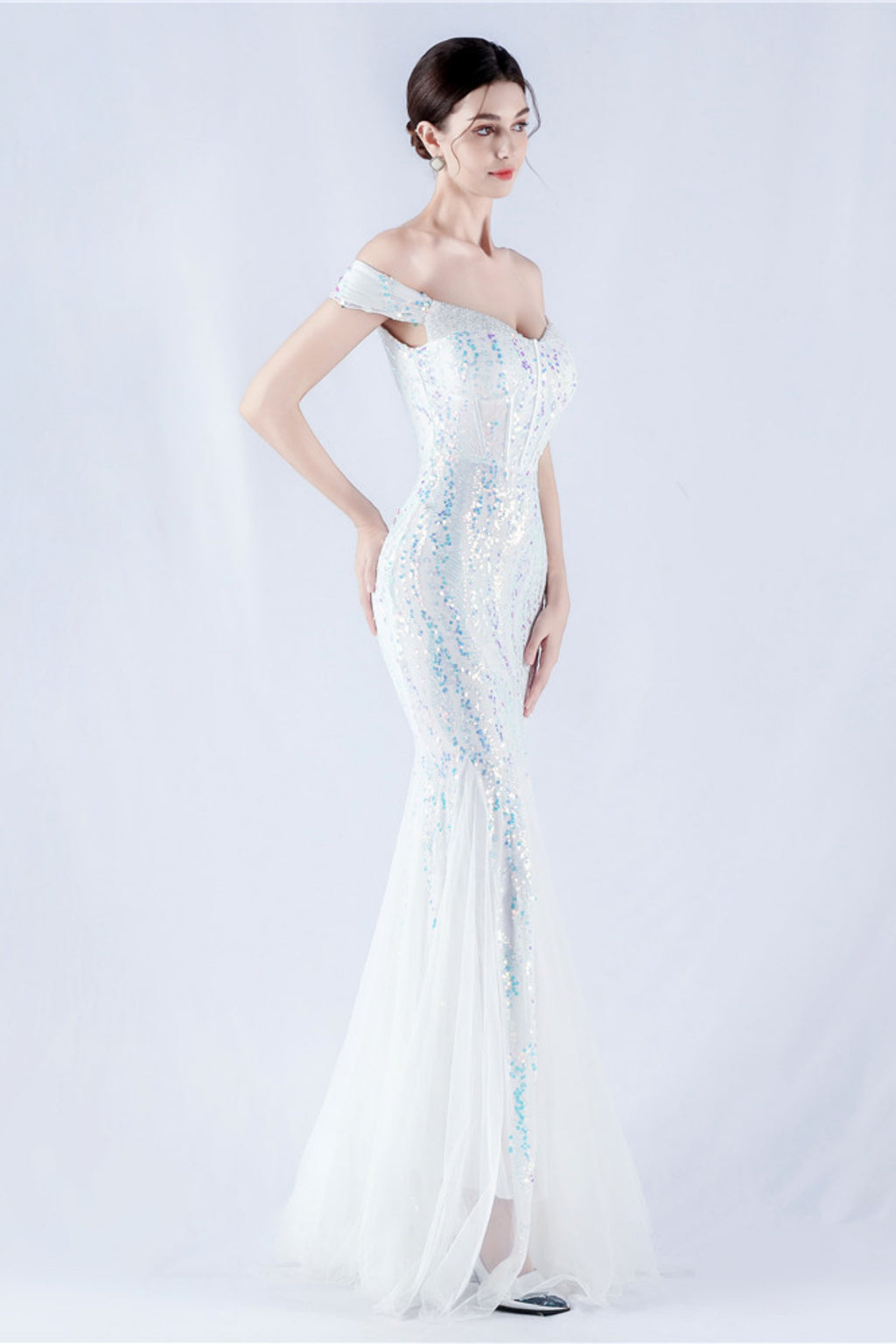 Lennon White Sequin Tulle Maxi Evening Dress