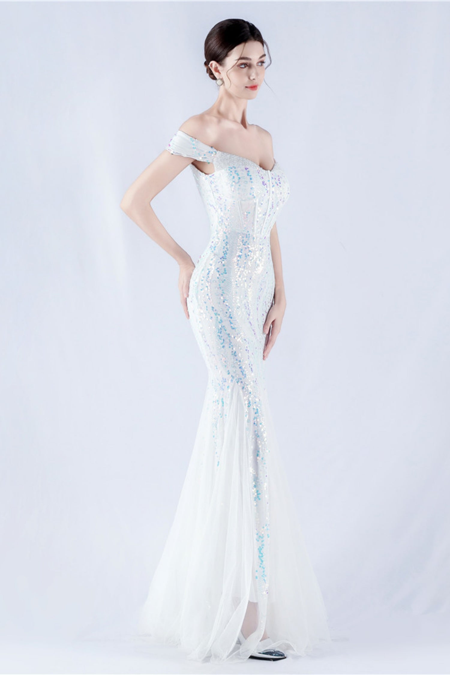 Lennon White Sequin Tulle Maxi Evening Dress