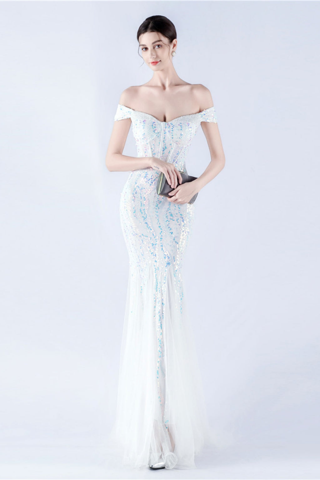 Lennon White Sequin Tulle Maxi Evening Dress