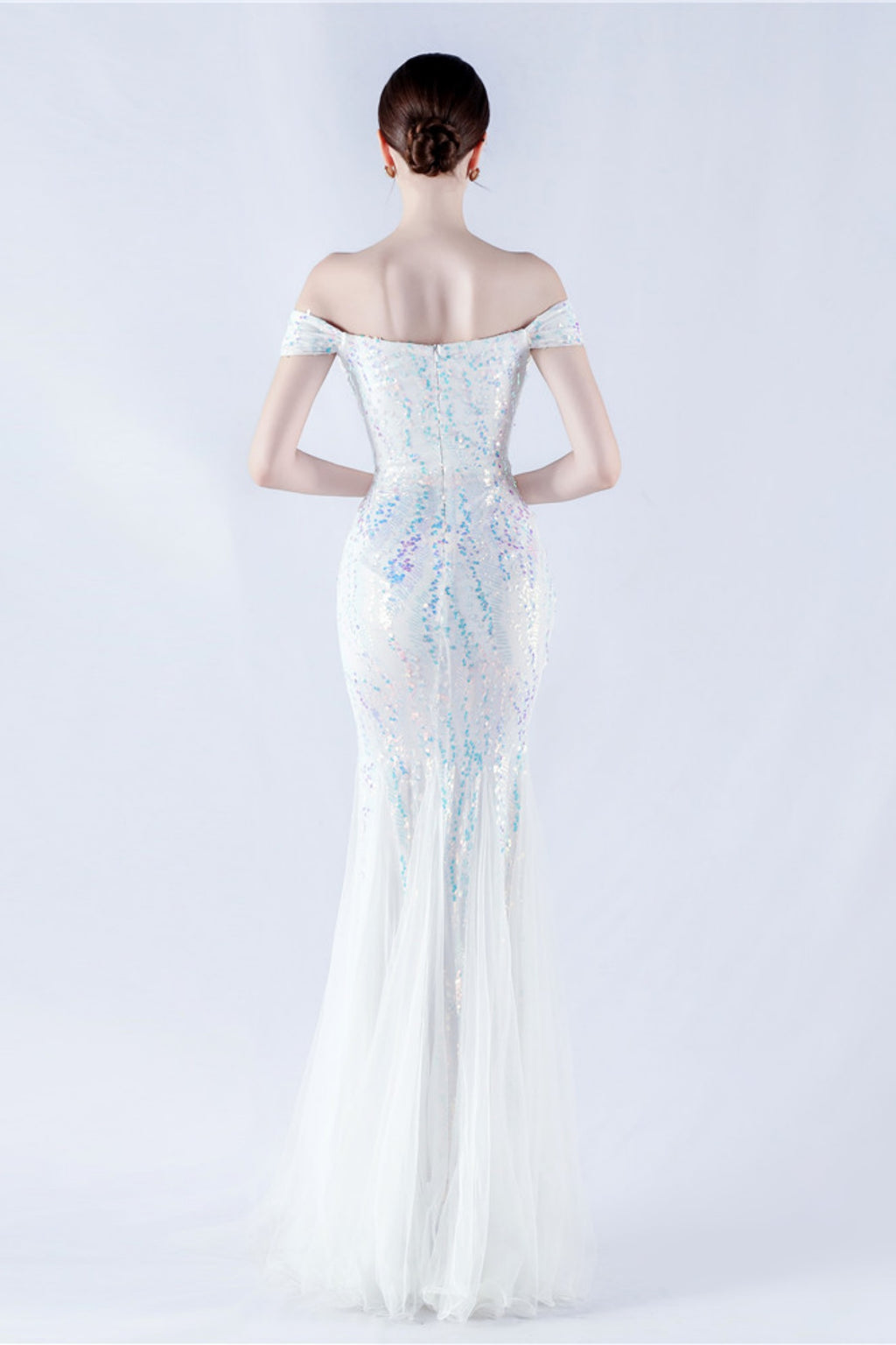 Lennon White Sequin Tulle Maxi Evening Dress