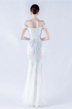 Lennon White Sequin Tulle Maxi Evening Dress