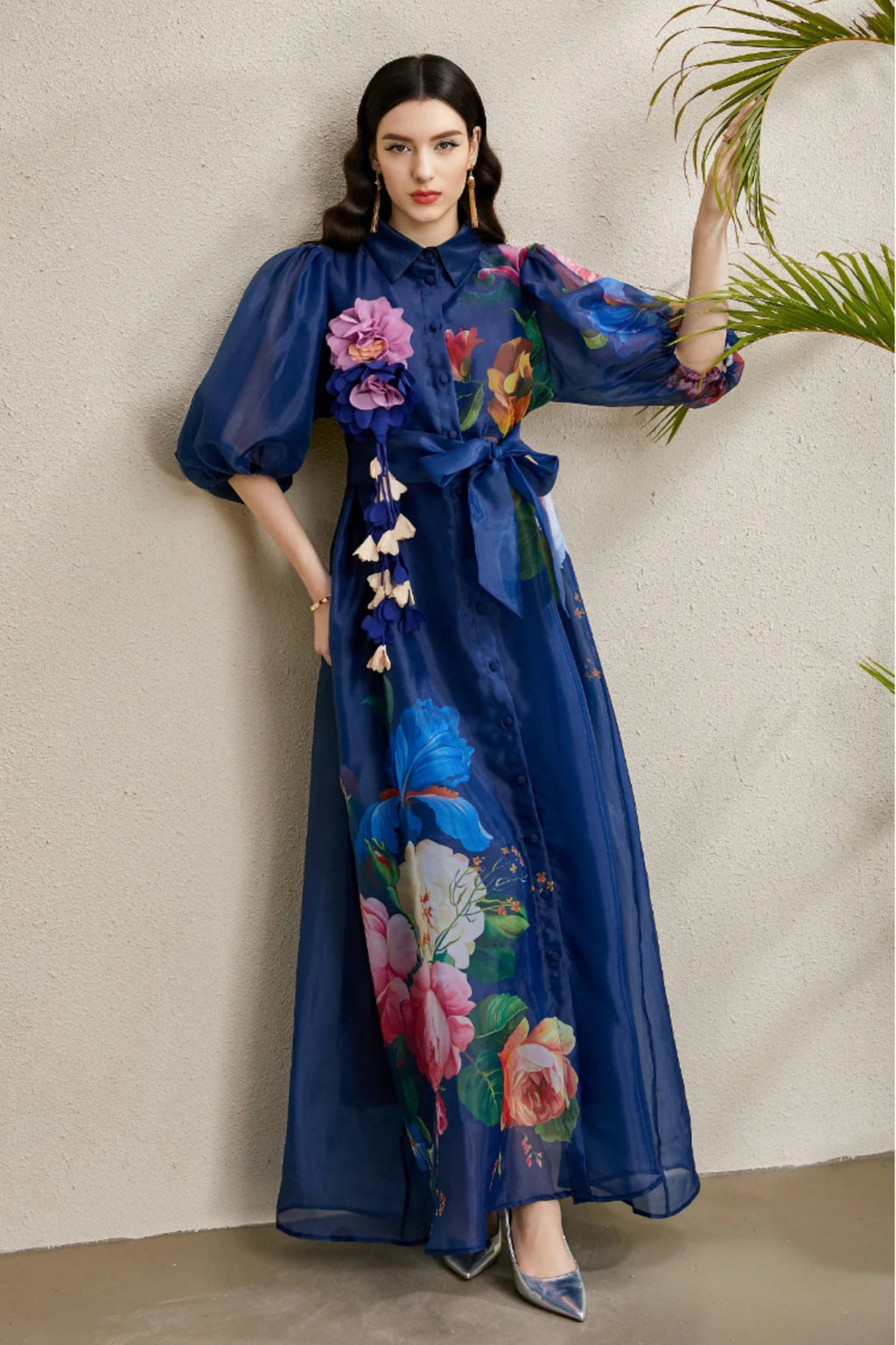 Lennox Navy Blue Floral Mesh Maxi Dress