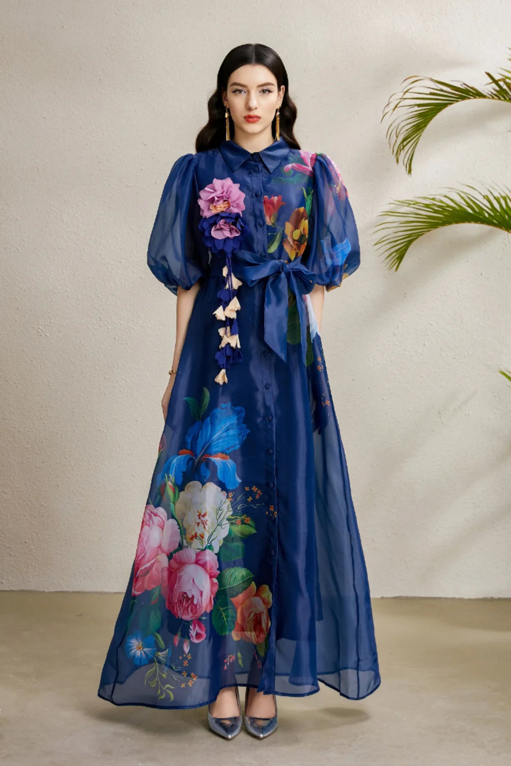 Lennox Navy Blue Floral Mesh Maxi Dress