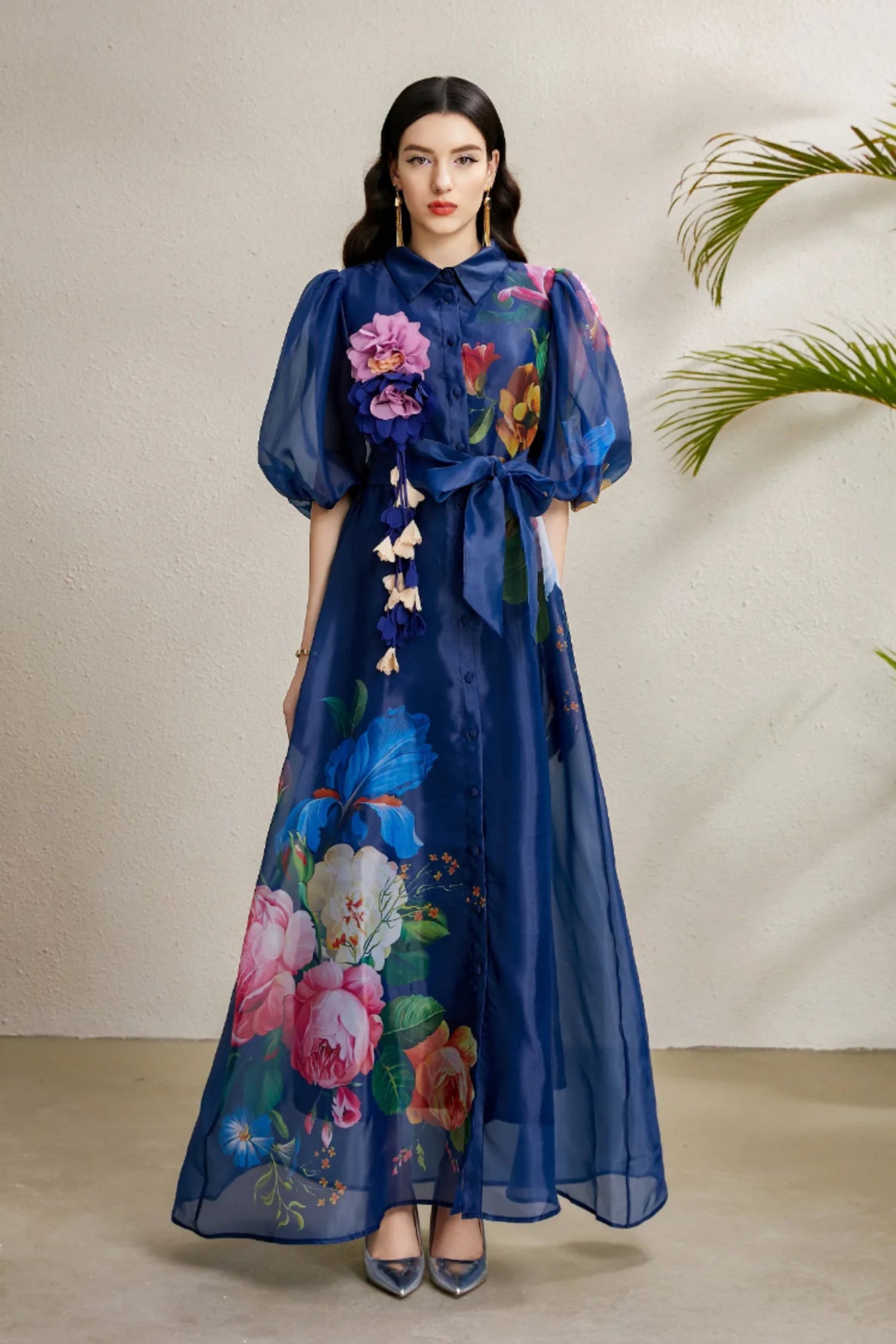 Lennox Navy Blue Floral Mesh Maxi Dress