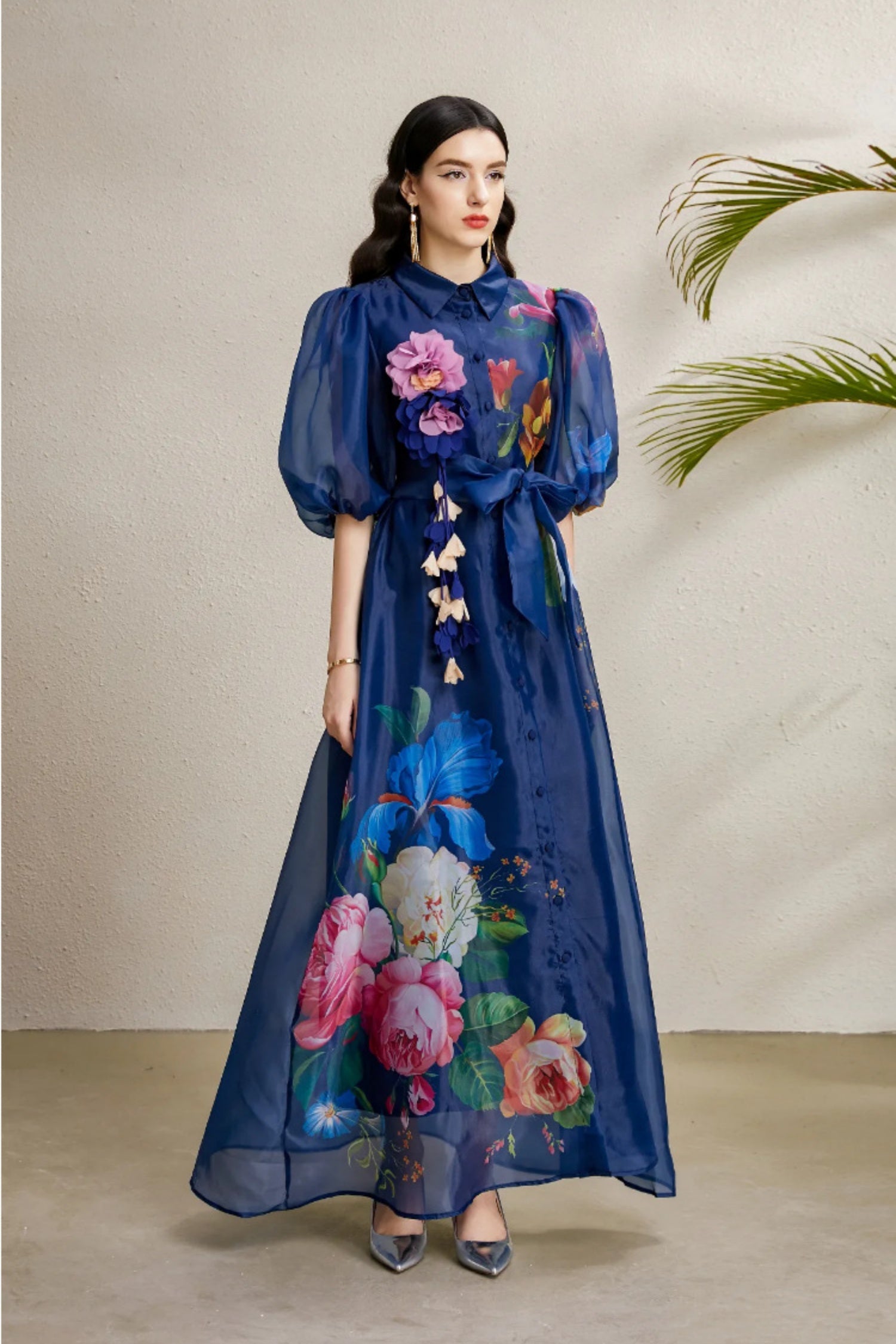 Lennox Navy Blue Floral Mesh Maxi Dress