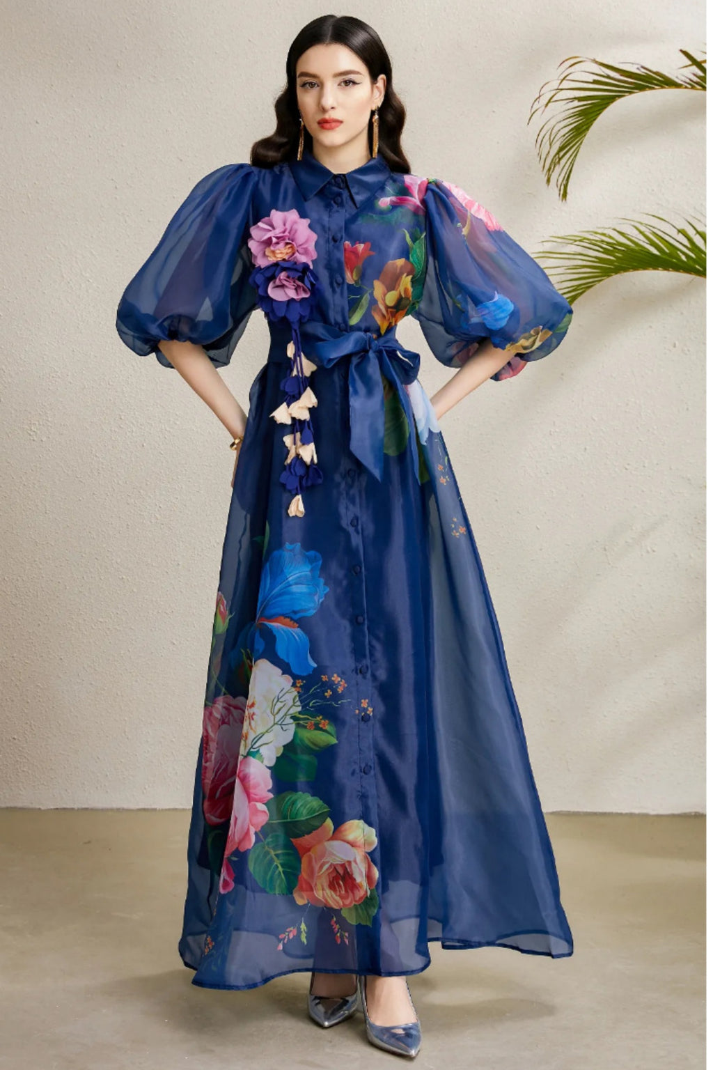 Lennox Navy Blue Floral Mesh Maxi Dress