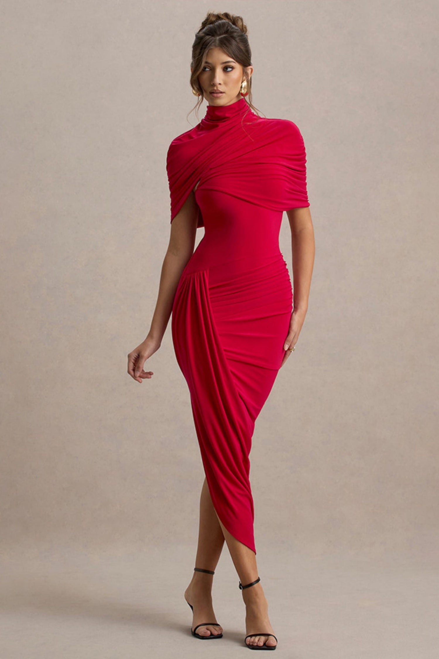 Leonard Red Backless Shawl Maxi Dress