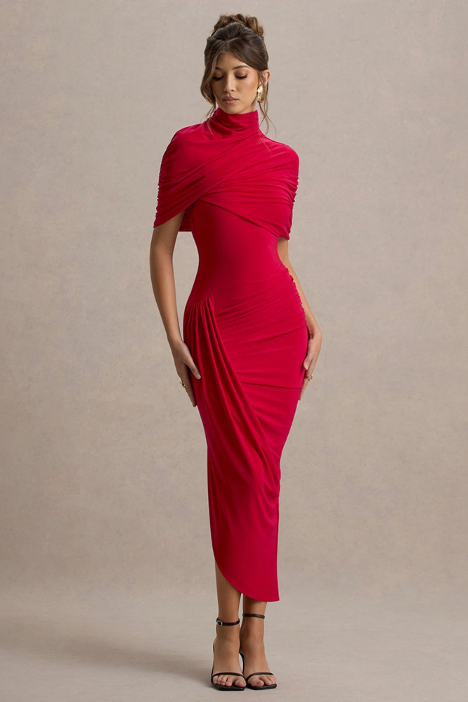 Leonard Red Backless Shawl Maxi Dress