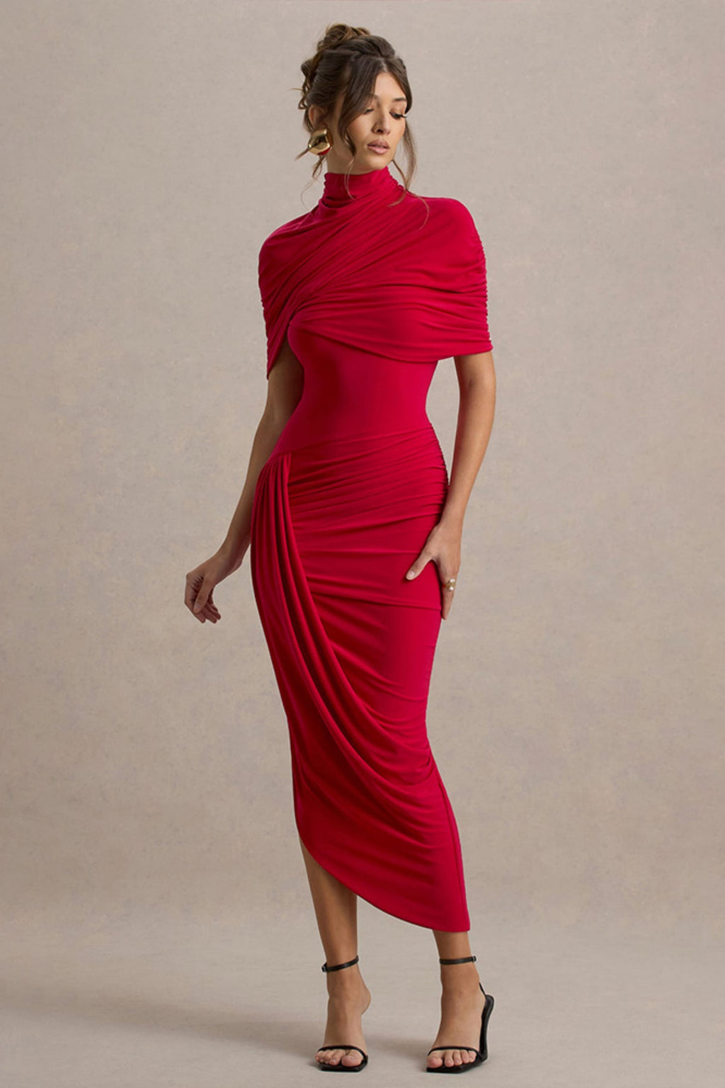 Leonard Red Backless Shawl Maxi Dress