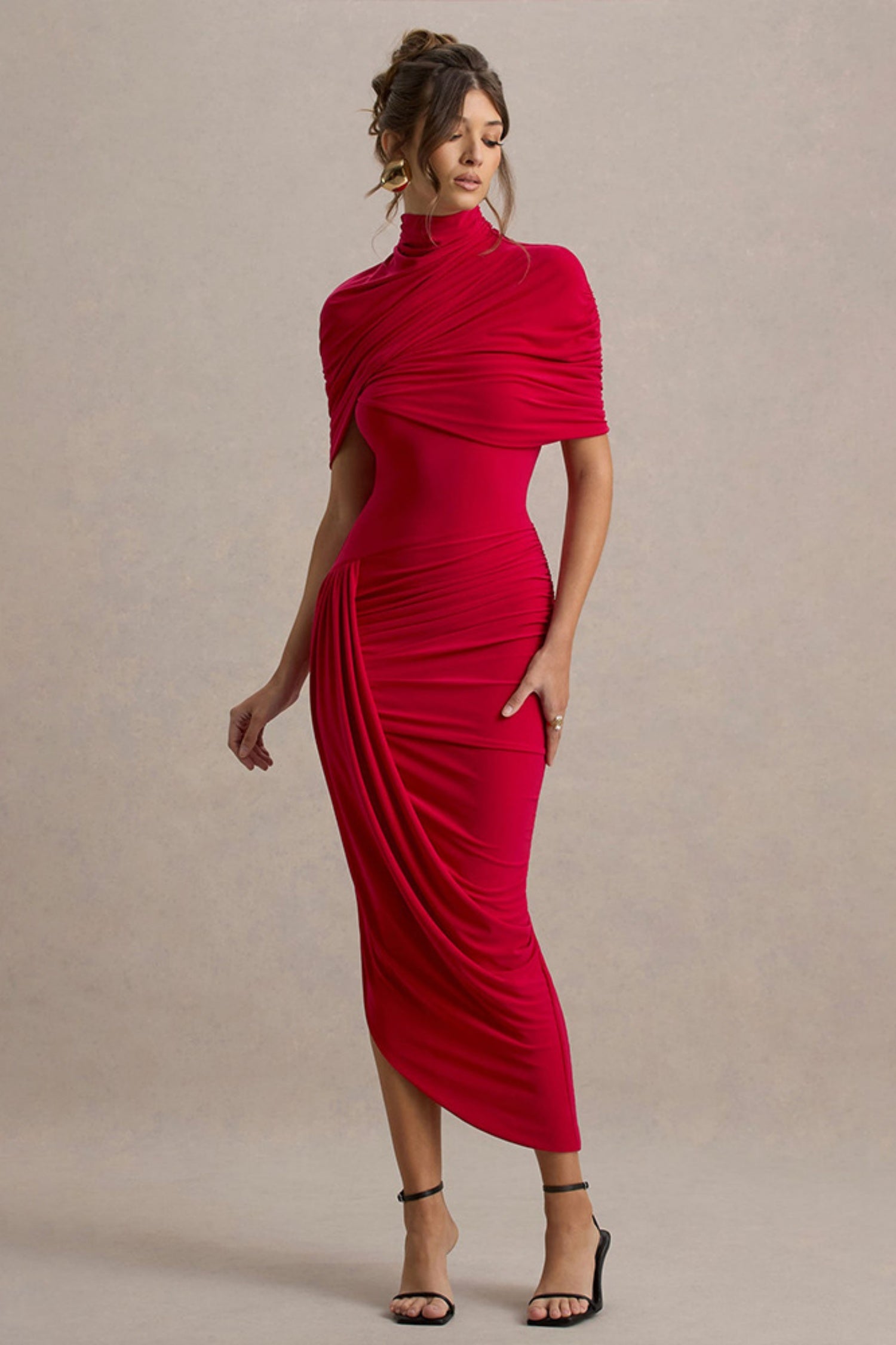 Leonard Red Backless Shawl Maxi Dress