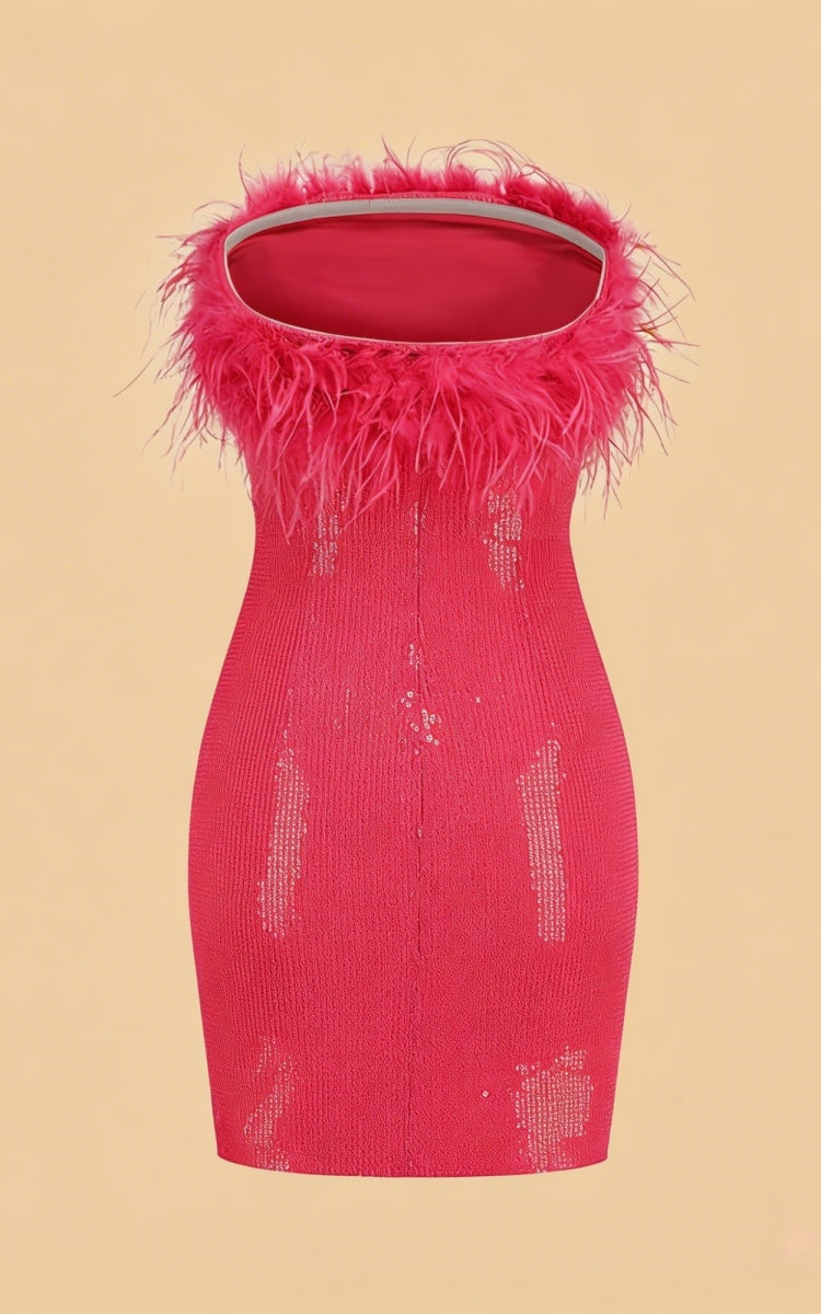 Lila Fuchsia Sequin Ostrich Feather Party Dress