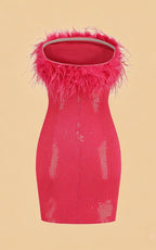 Lila Fuchsia Sequin Ostrich Feather Party Dress