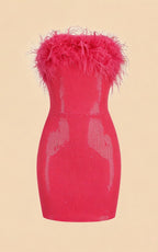 Lila Fuchsia Sequin Ostrich Feather Party Dress