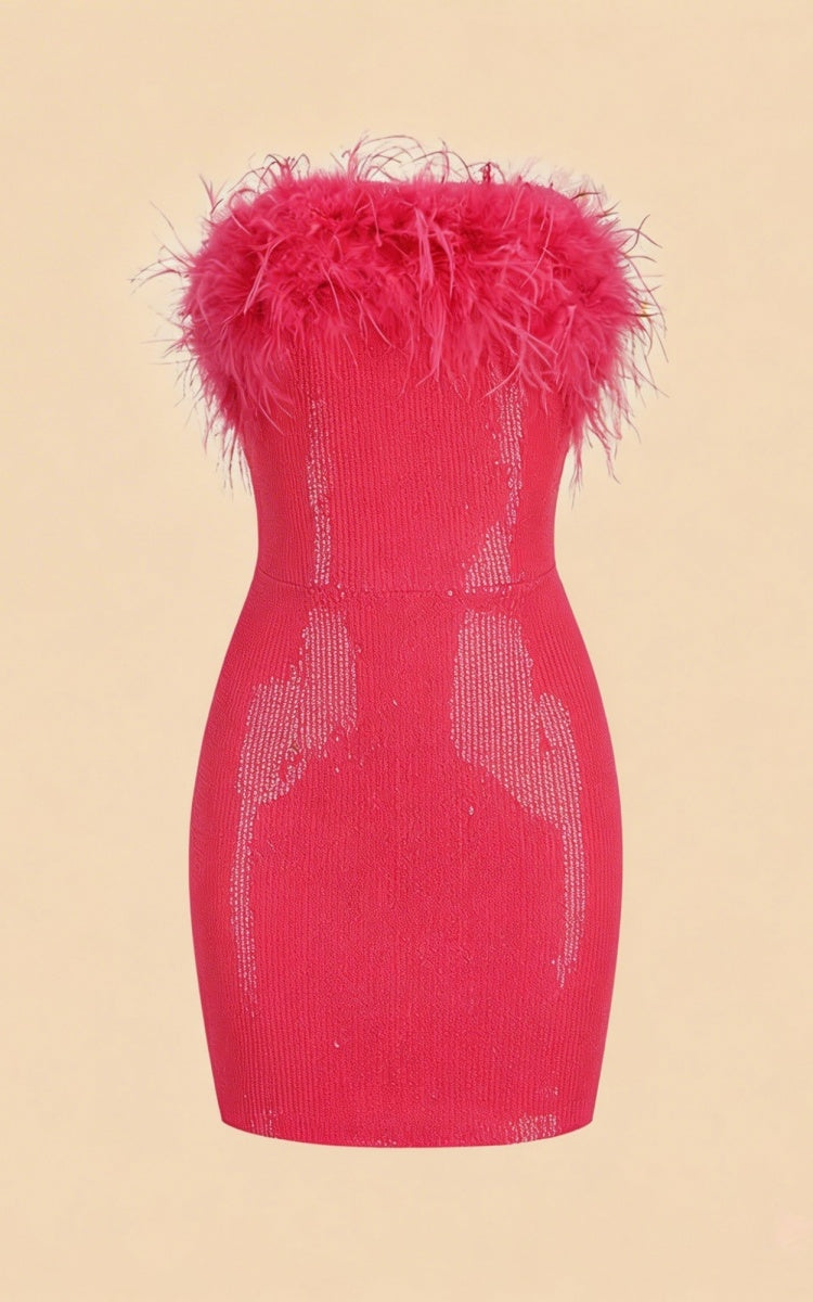 Lila Fuchsia Sequin Ostrich Feather Party Dress