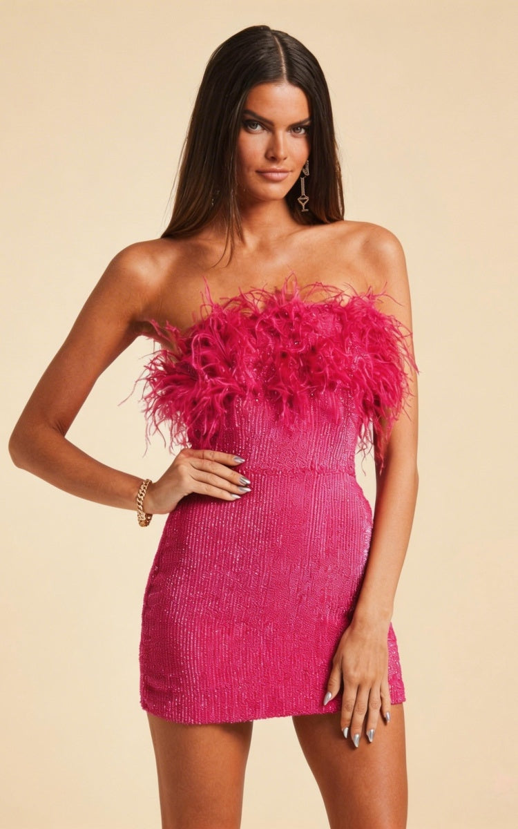 Lila Fuchsia Sequin Ostrich Feather Party Dress Main image