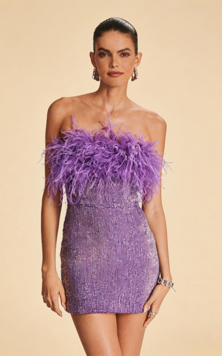 Lila Purple Sequin Ostrich Feather Party Dress