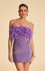 Lila Purple Sequin Ostrich Feather Party Dress