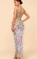 Liora Colorful Feather Pearl Rhinestone Evening Dress