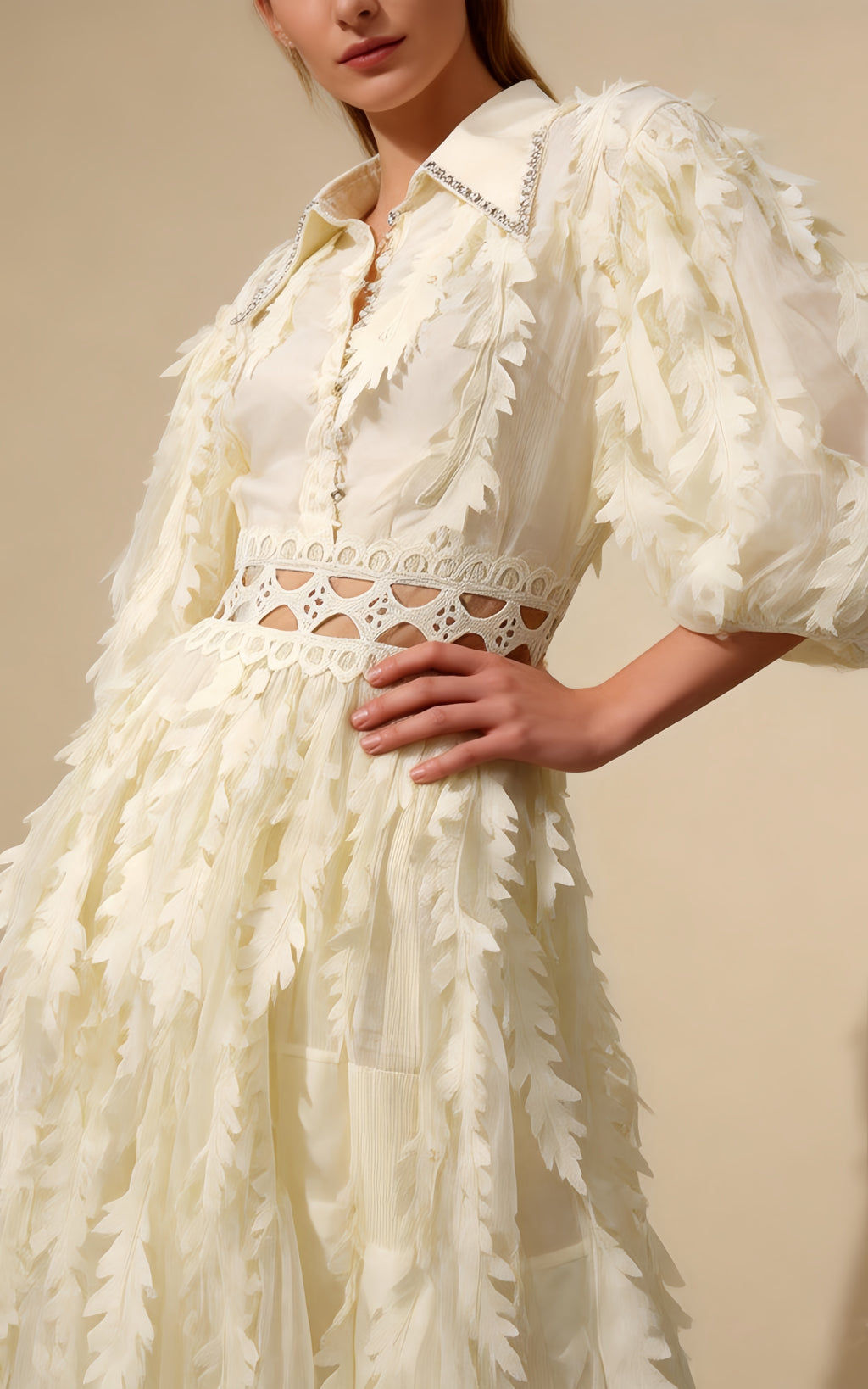 Lola Beige Diamond Feather Tassel Maxi Dress