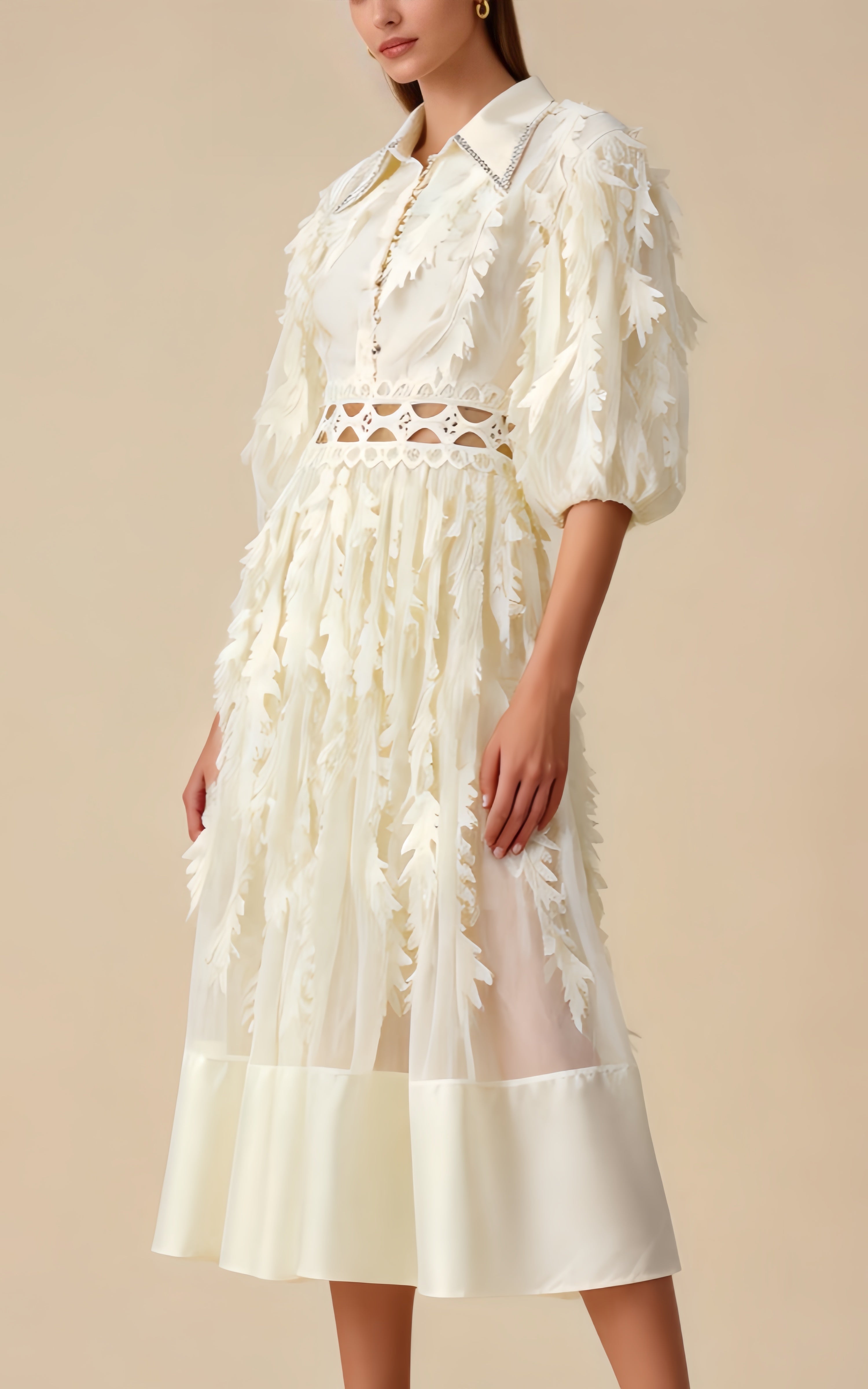 Lola Beige Diamond Feather Tassel Maxi Dress