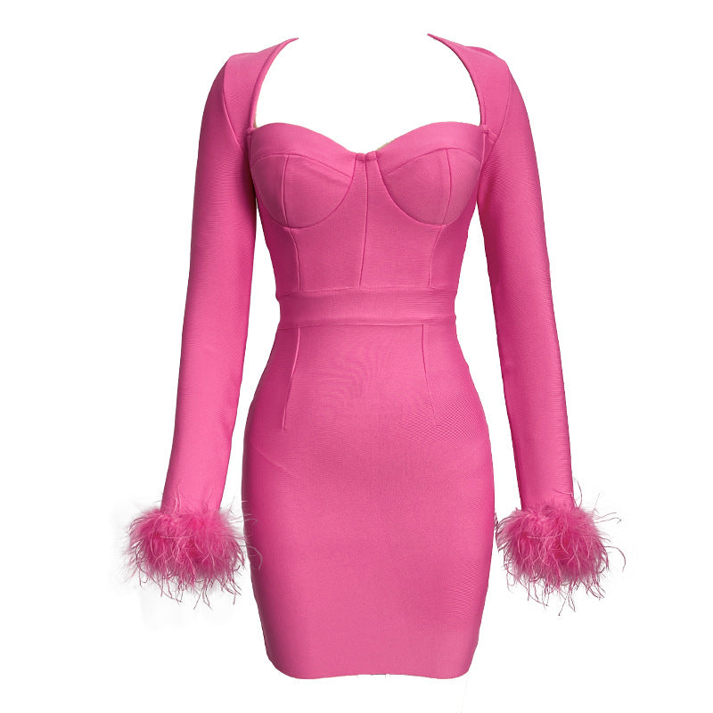Tropical Long Sleeve Feather Bandage Dress In Pink