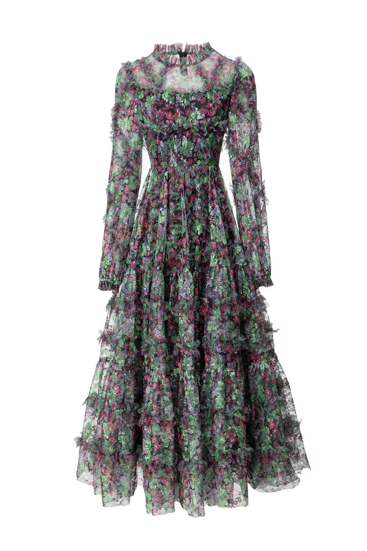 Riley Long Sleeve Floral Layered Tulle Maxi Dress