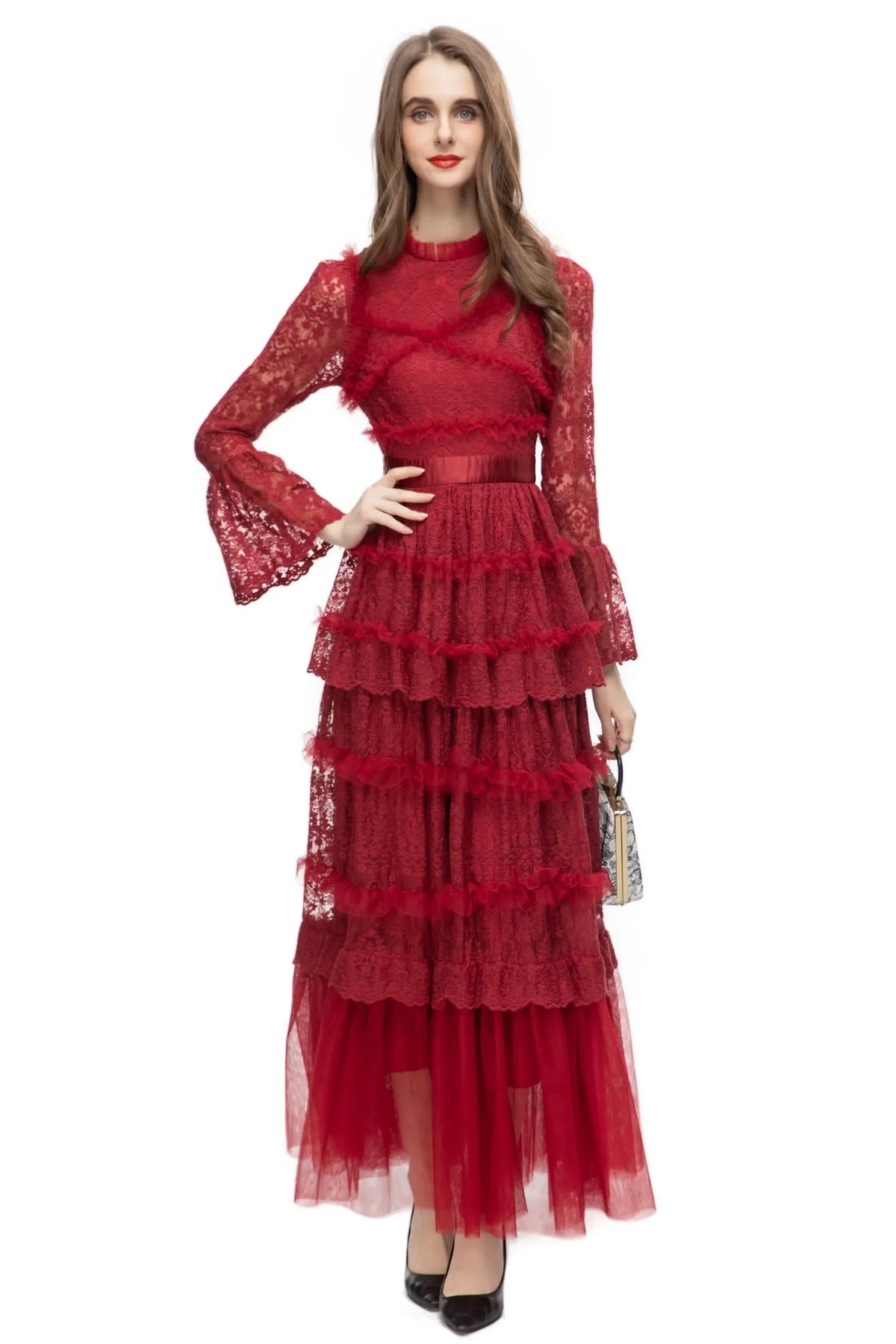 Asher Long Sleeve Lace Maxi Dress In Red
