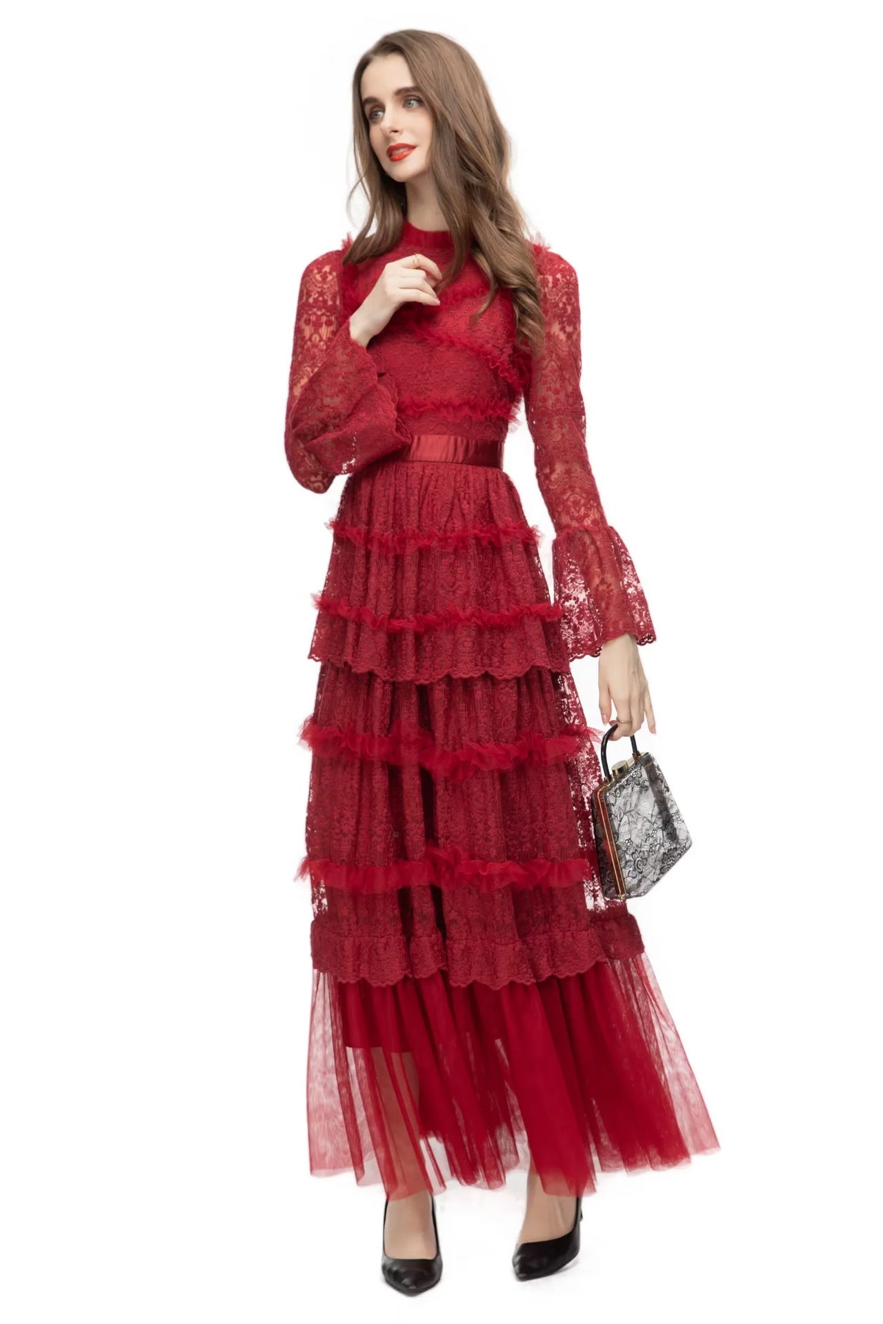 Asher Long Sleeve Lace Maxi Dress In Red