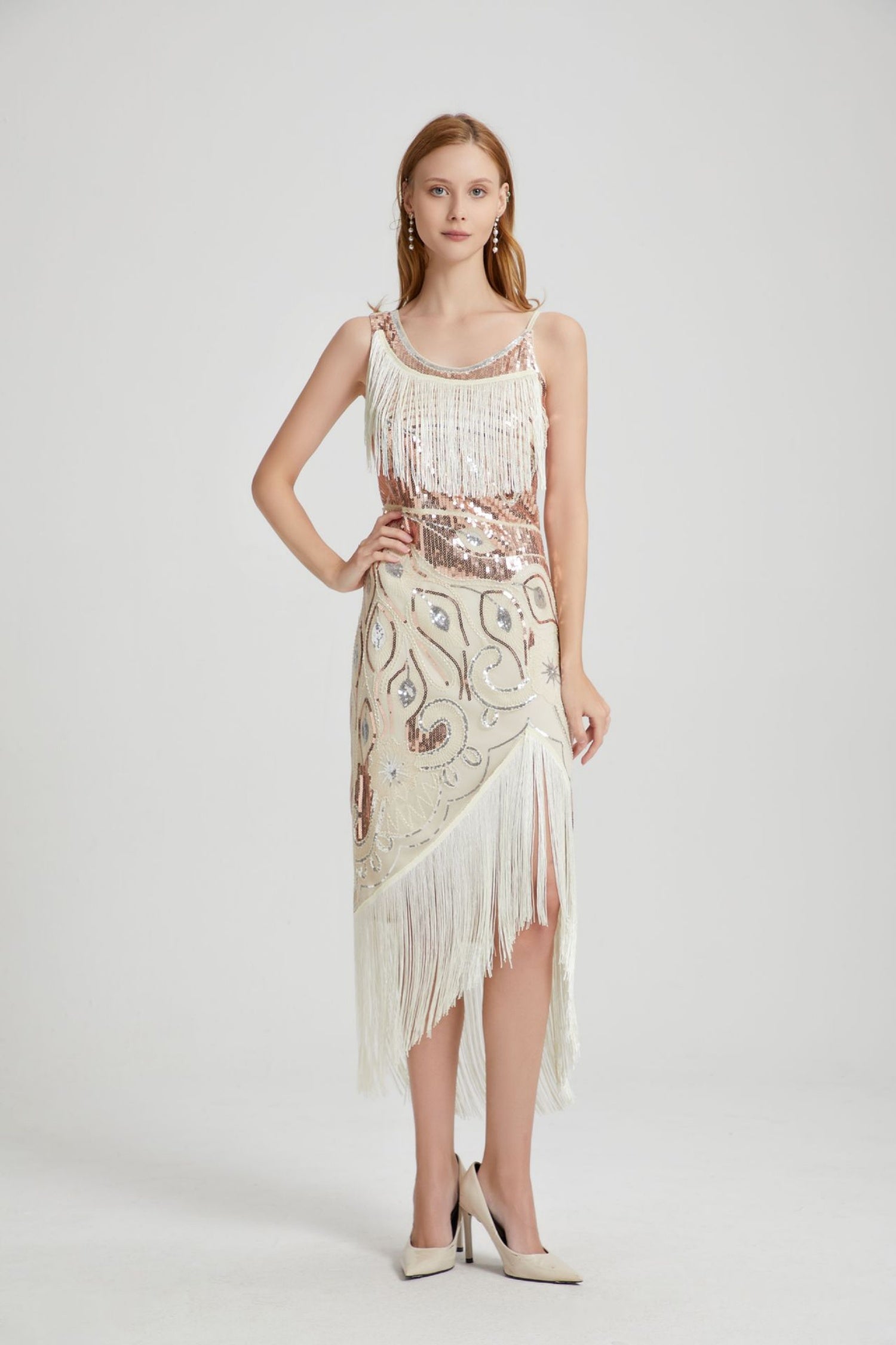 Luca Beige Sequin Tassel Midi Evening Dress