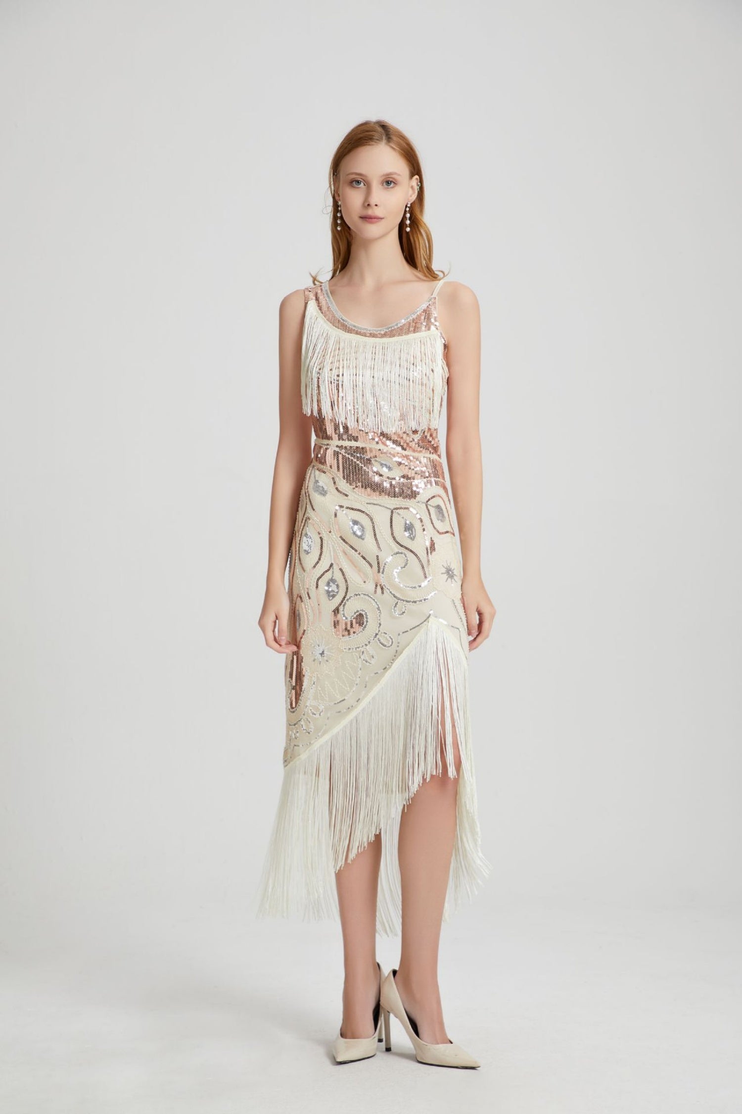 Luca Beige Sequin Tassel Midi Evening Dress