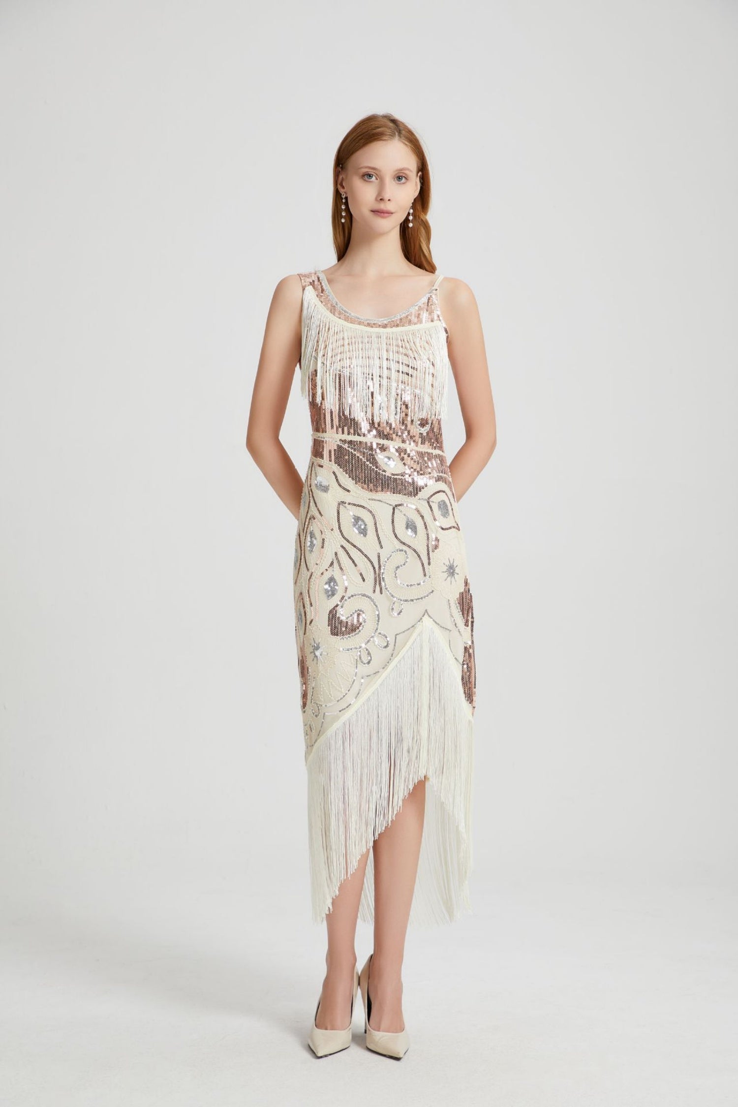 Luca Beige Sequin Tassel Midi Evening Dress