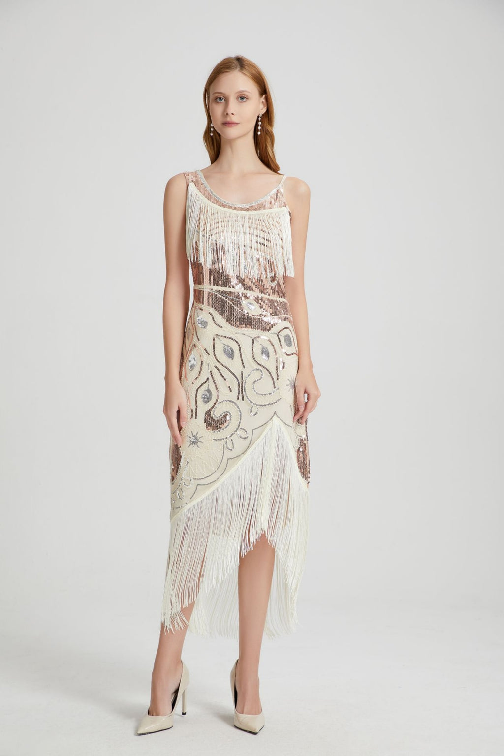 Luca Beige Sequin Tassel Midi Evening Dress
