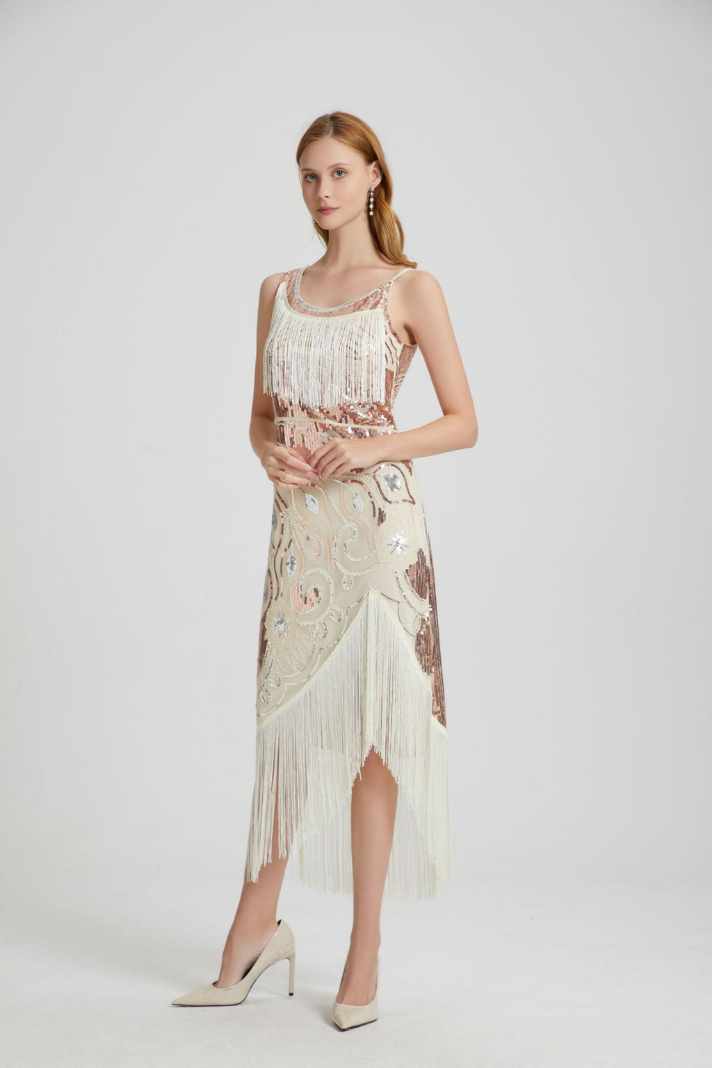 Luca Beige Sequin Tassel Midi Evening Dress