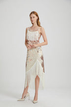 Luca Beige Sequin Tassel Midi Evening Dress