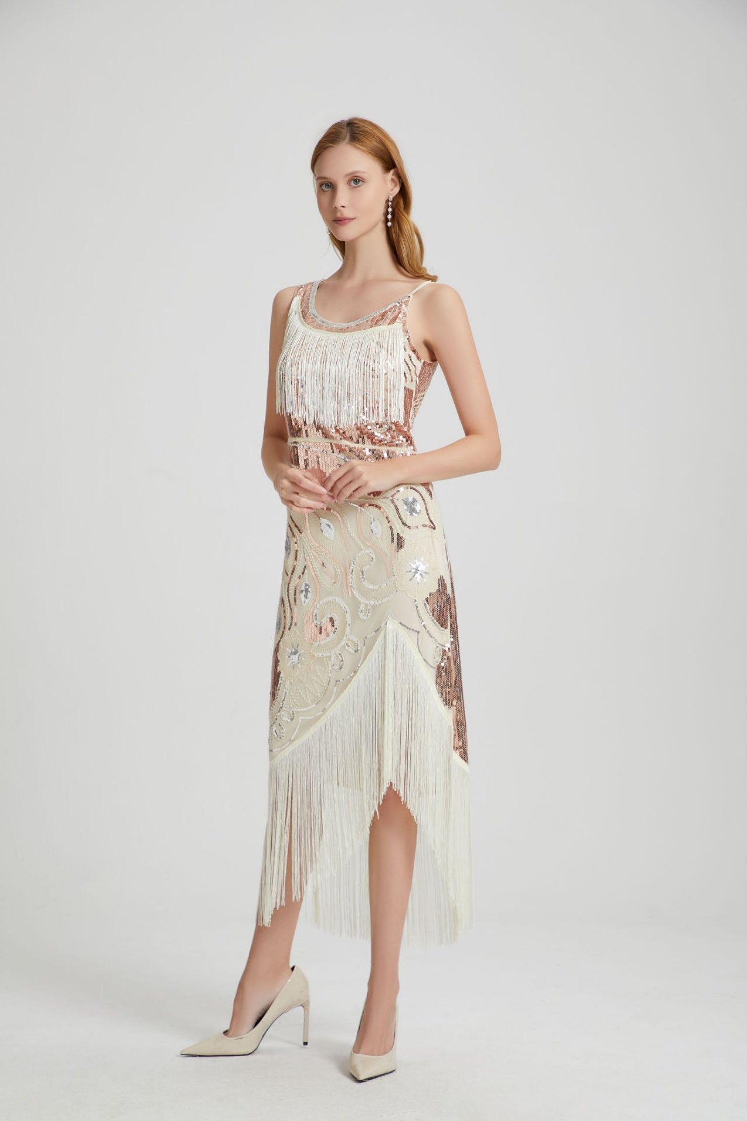 Luca Beige Sequin Tassel Midi Evening Dress